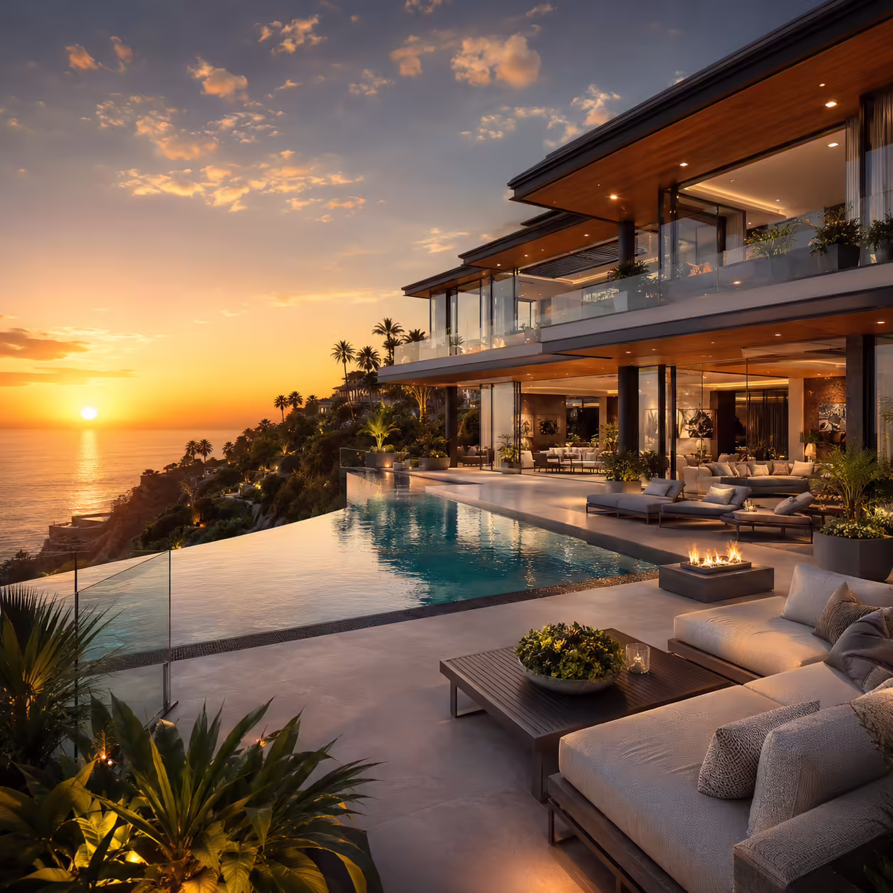 Luxury coastal sunset mansion terrace
