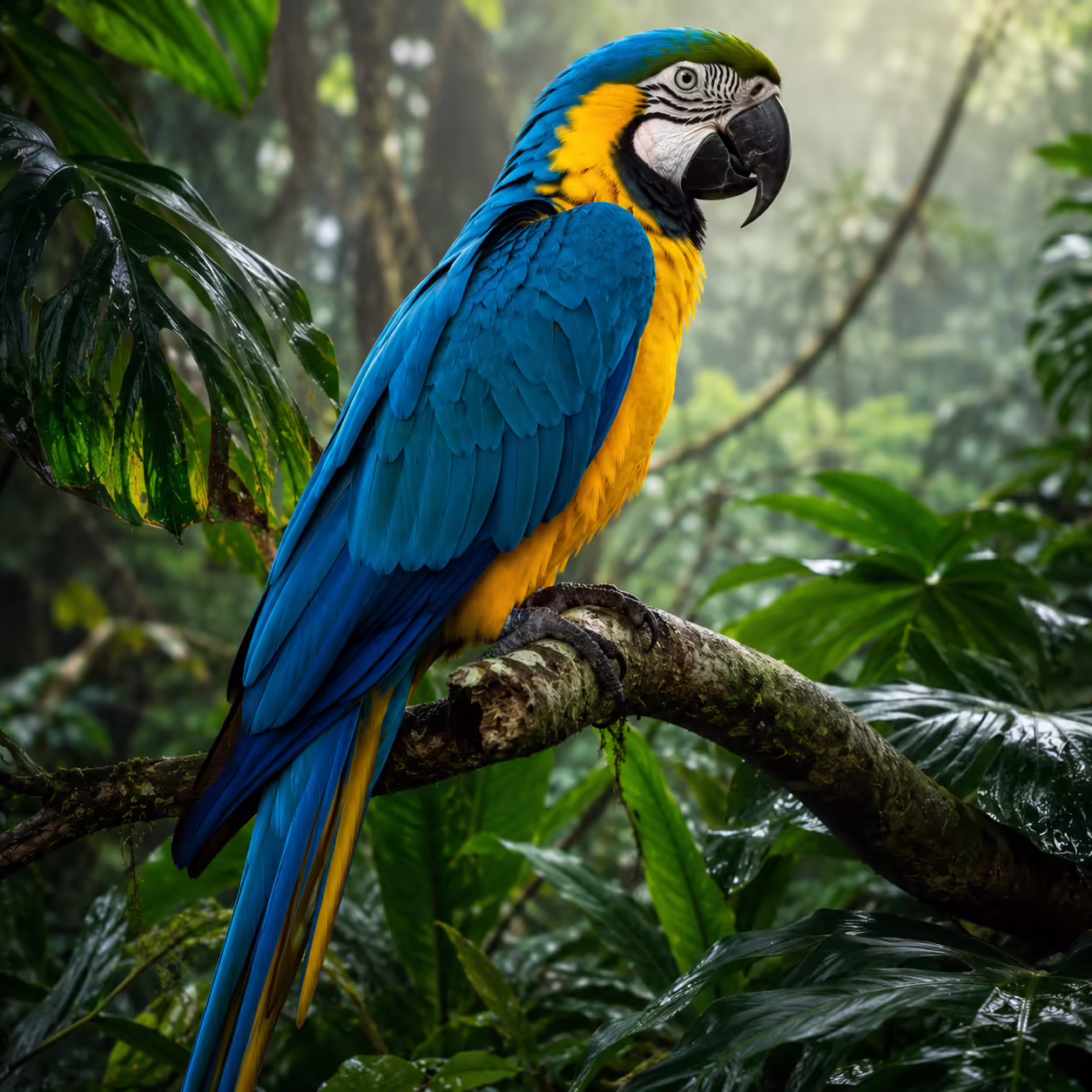 Blue-and-yellow macaw in lush rainforest