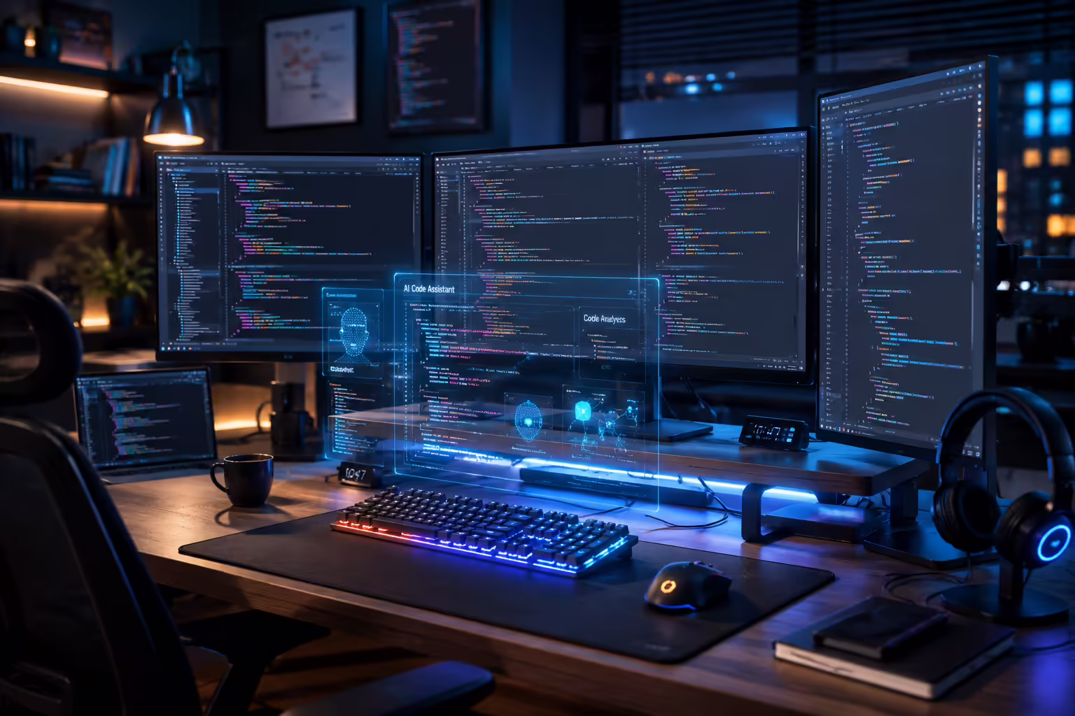 Tech workspace with futuristic coding setup