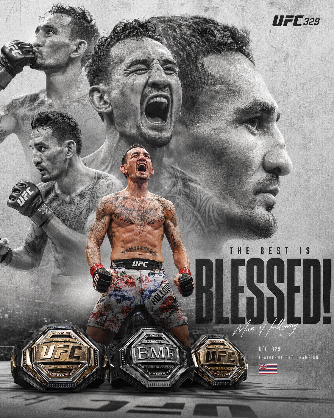 UFC championship editorial poster celebrating Max Holloway after UFC 329