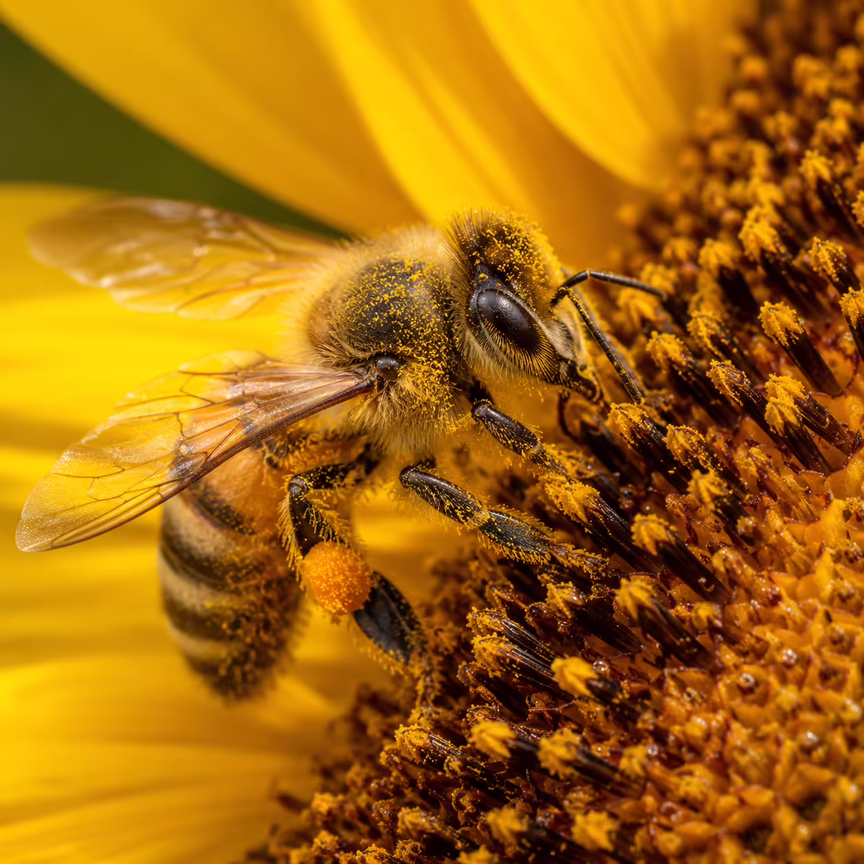 Bee collecting pollen on sunflower