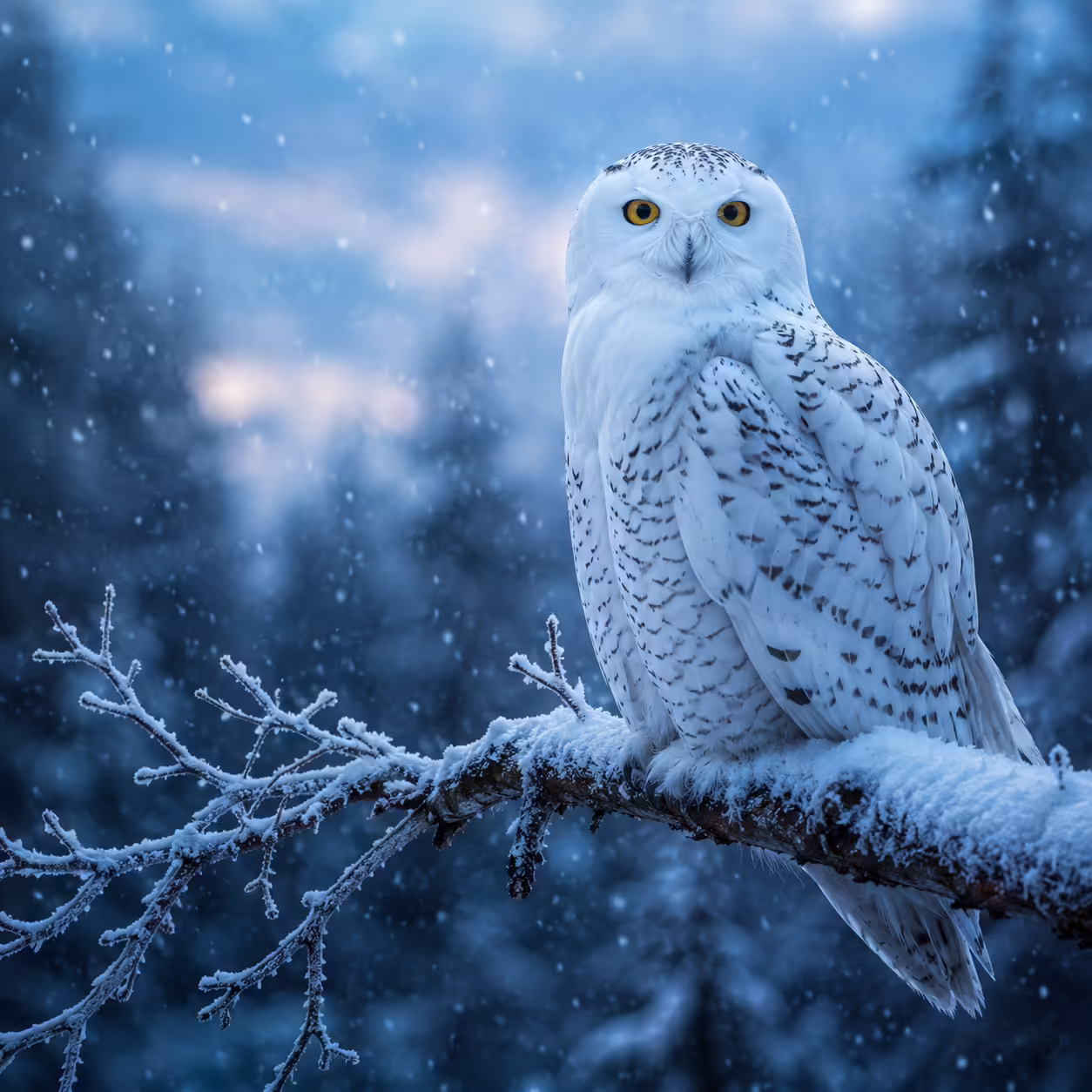 Snowy owl in winter forest